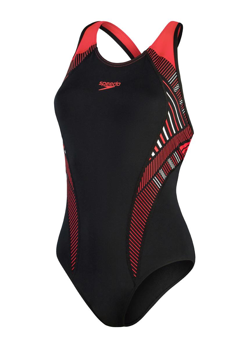 Speedo Placement Laneback Swimsuit - Black/ Fed Red/ White-577345
