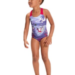 Speedo Girls Learn to Swim Printed Crossback Swimsuit - Magic Sangria/Sweet Taro/Hellium
