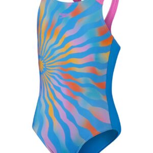 Speedo Girls Printed Pulseback Swimsuit - Baja Blue/Mango/Twilight Mauve/Carrot Cake/Mystic