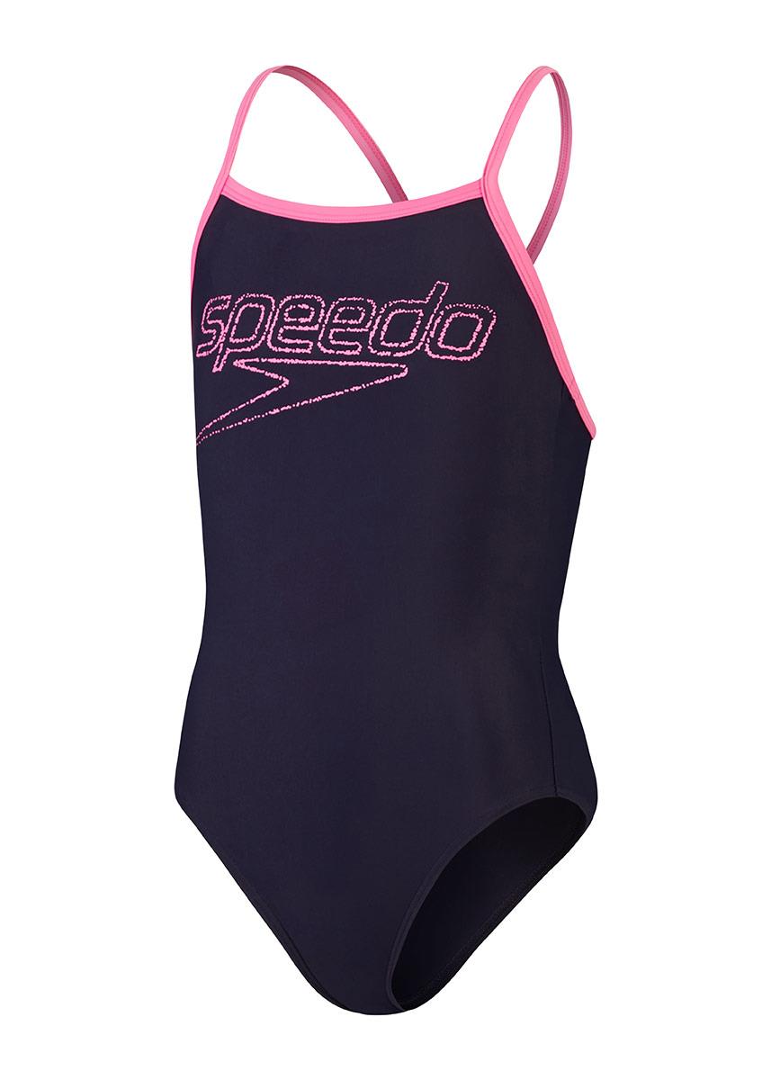 Speedo Girls Logo Thinstrap Muscleback Swimsuit - True Navy / Candy Vibe-577404