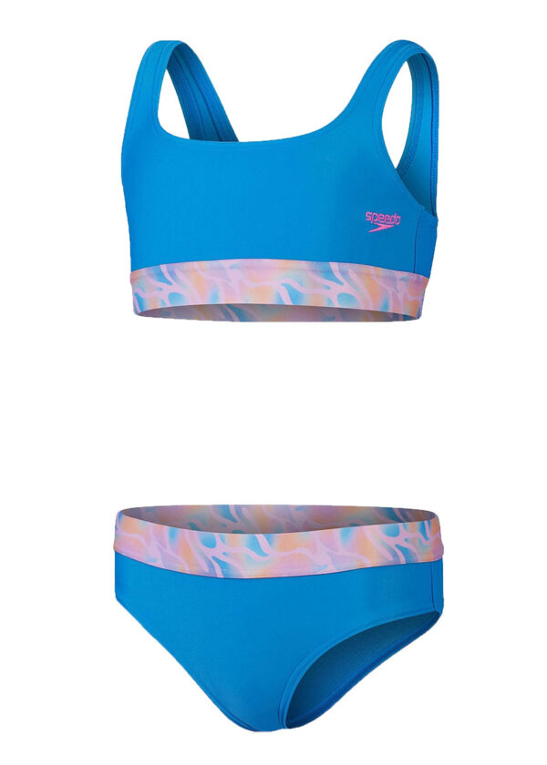 Speedo Girls Contrast Band 2 Piece Swimsuit - Baja Blue