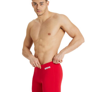 Front view of man wearing Arena Mens Solid Jammer - Red / White