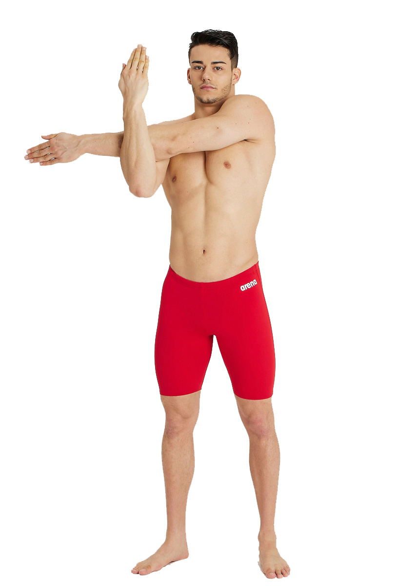 Man wearing Arena Mens Solid Jammer - Red / White