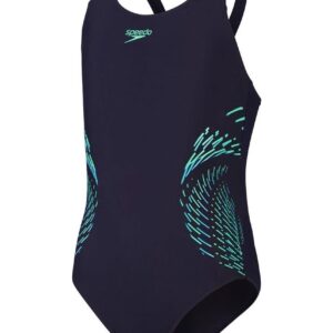 Speedo Girls Placement Muscleback Swimsuit - Navy / Green