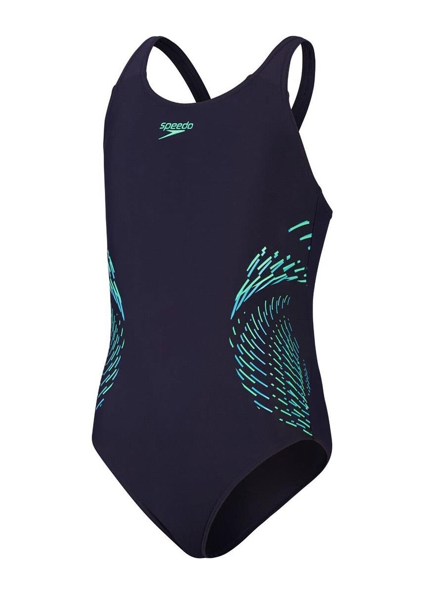 Speedo Girls Placement Muscleback Swimsuit - Navy / Green