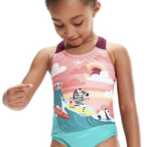 Speedo Junior Girls' Digital Printed Swimsuit - Pesca Pink/Paprika Red/Coral Pink/Turquoise