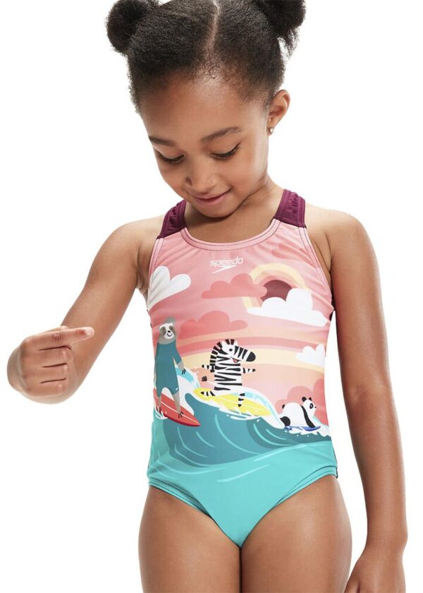 Speedo Junior Girls' Digital Printed Swimsuit - Pesca Pink/Paprika Red/Coral Pink/Turquoise