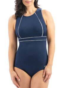 Dolfin Aquashape Conservative High Neck Clasp Back Swimsuit - Navy / White