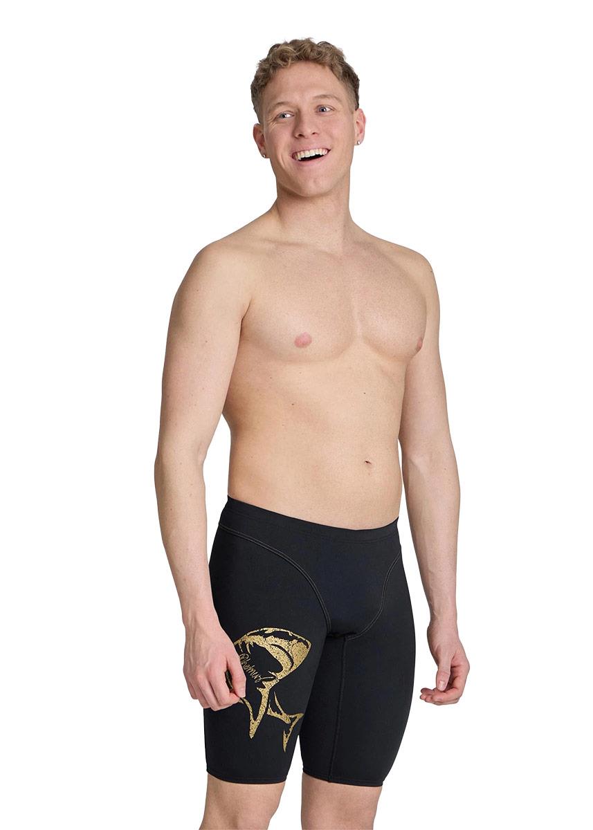 Front view of Arena Swim Signature White Shark Jammer - Kyle Chalmers