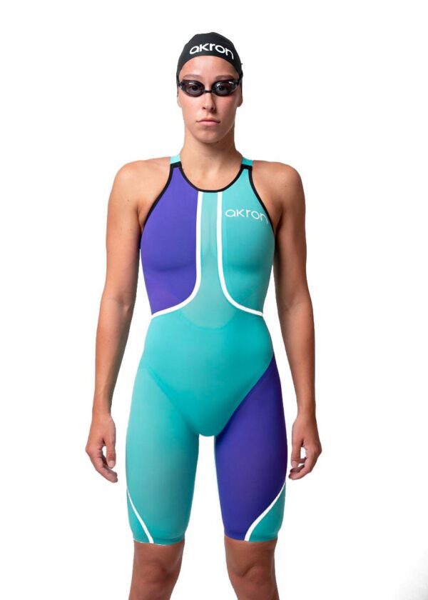 Front view of Akron Venom Hero Womens Openback Kneesuit - Tiffany / Violet