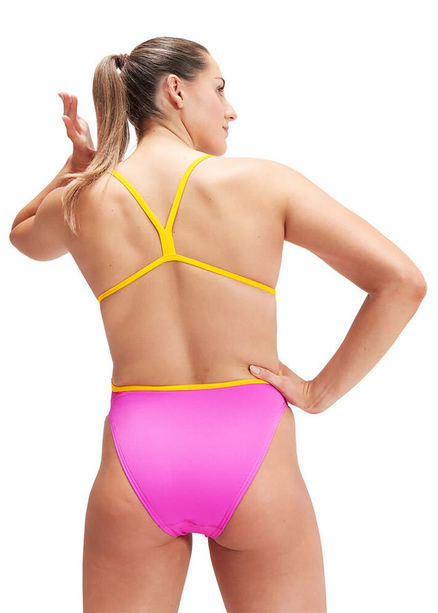 Speedo Womens Solid V-Back Swimsuit - Neon Violet/Mango-brand