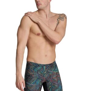 Front view of man wearing Arena Overview Swim Jammer - Black/Black Multi