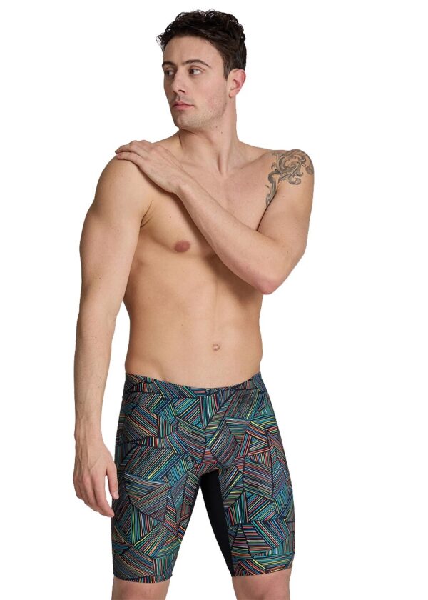 Front view of man wearing Arena Overview Swim Jammer - Black/Black Multi