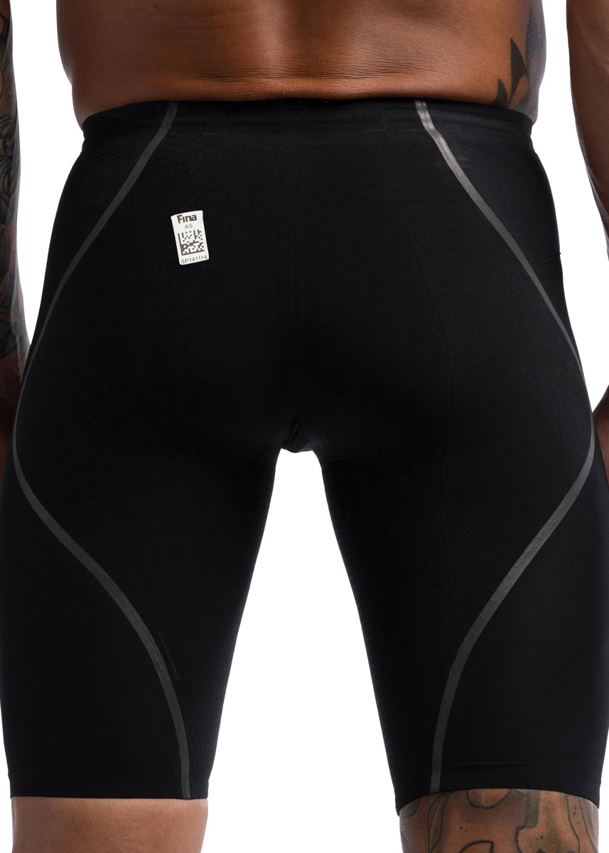 Closeup back view of man wearing Speedo Fastskin LZR Pure Intent 2.0 High Waisted Jammer - Black / Iridescent