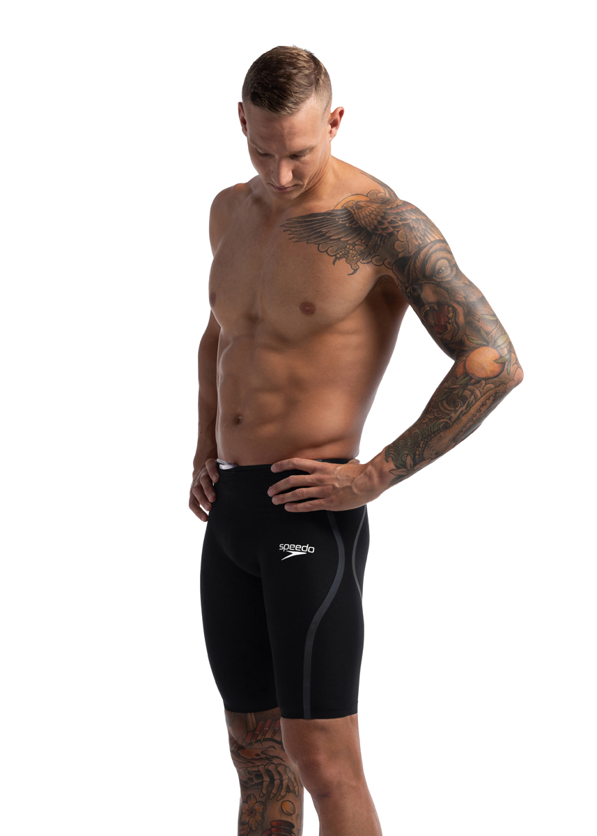 Man looking down wearing Speedo Fastskin LZR Pure Intent 2.0 High Waisted Jammer - Black / Iridescent -Front view