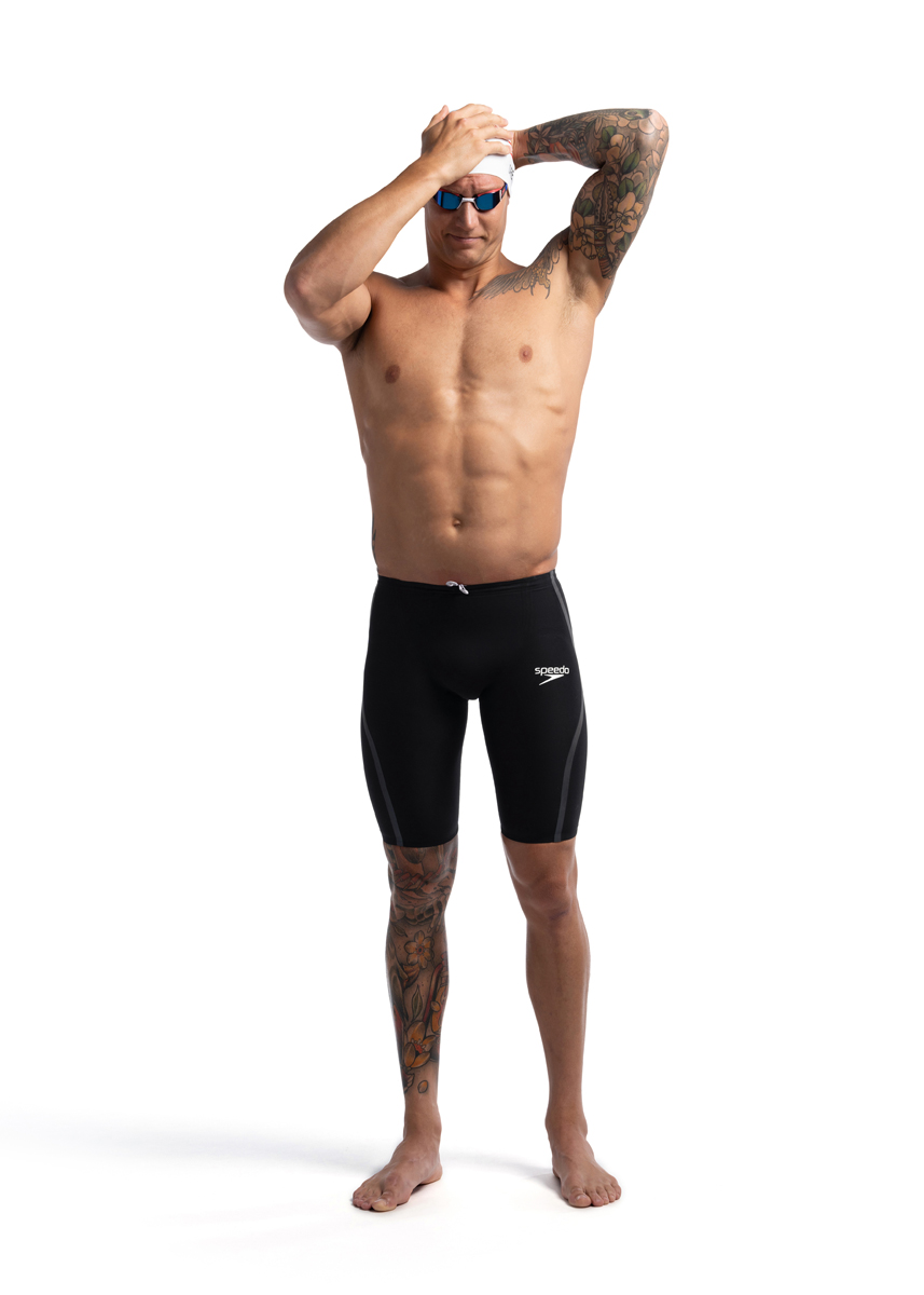 Man touching his cap wearing Speedo Fastskin LZR Pure Intent 2.0 High Waisted Jammer - Black / Iridescent -Front view