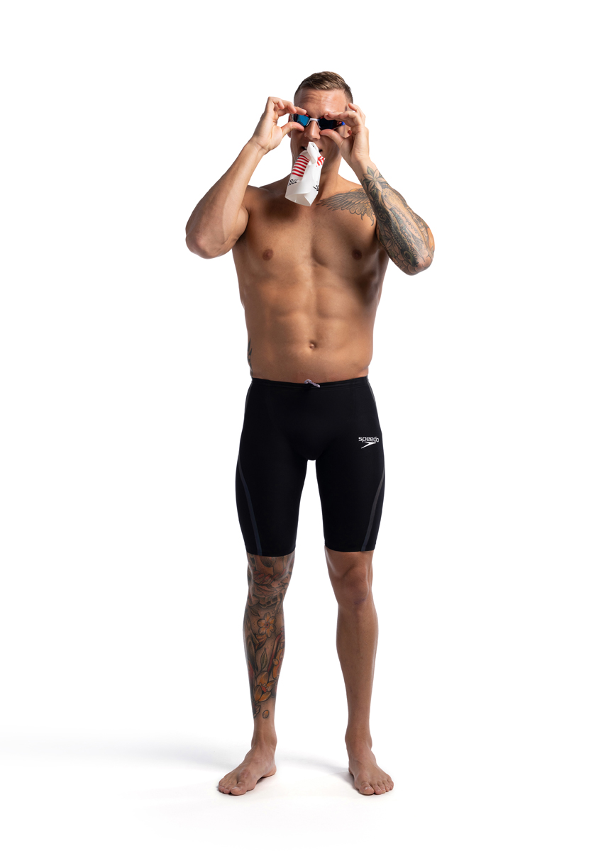 Man holding goggles wearing Speedo Fastskin LZR Pure Intent 2.0 High Waisted Jammer - Black / Iridescent -Front view