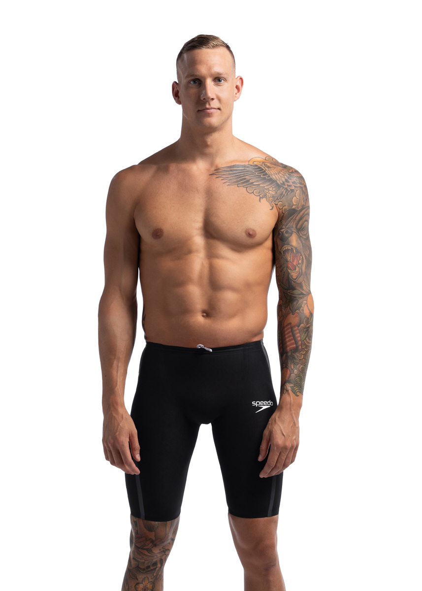 Man standing straight wearing Speedo Fastskin LZR Pure Intent 2.0 High Waisted Jammer - Black / Iridescent -Front view