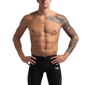Man wearing Speedo Fastskin LZR Pure Intent 2.0 Backstroke Edition High Waist Jammer - Black / Iridescent -Front view