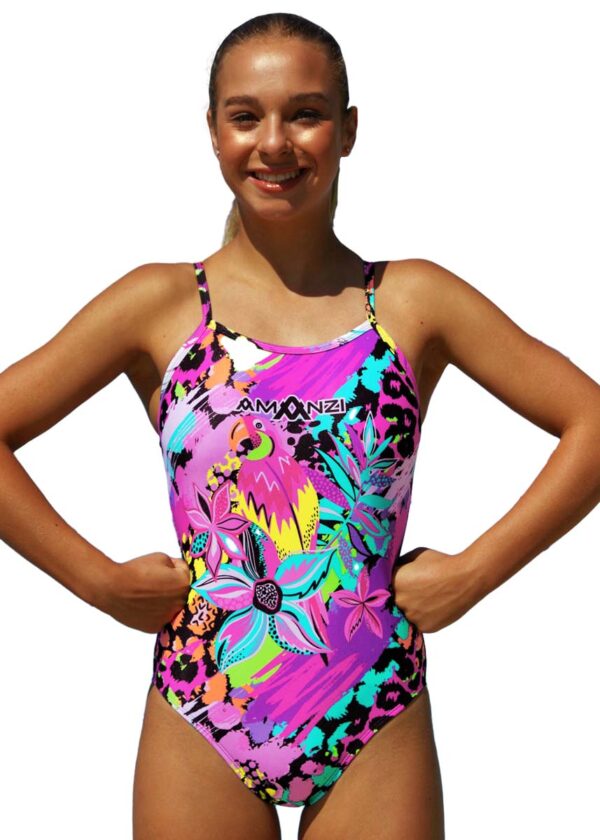 Lady with hands on hips wearing AMANZI Neon Jungle Pro Back Swimsuit -Front view