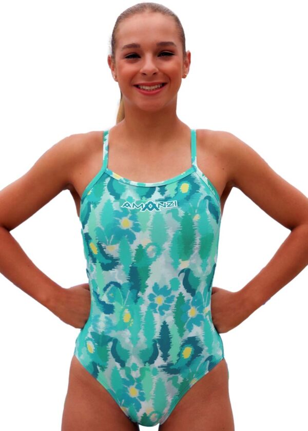 Model with Front view of AMANZI Reflections Pro Back Swimsuit