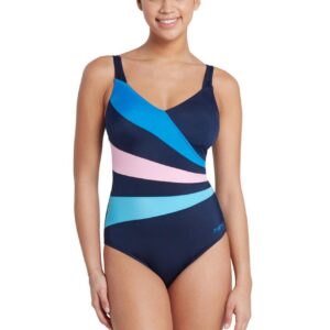 Zoggs Wrap Panel Classicback Swimsuit - Navy / Blue / Pink - Front view