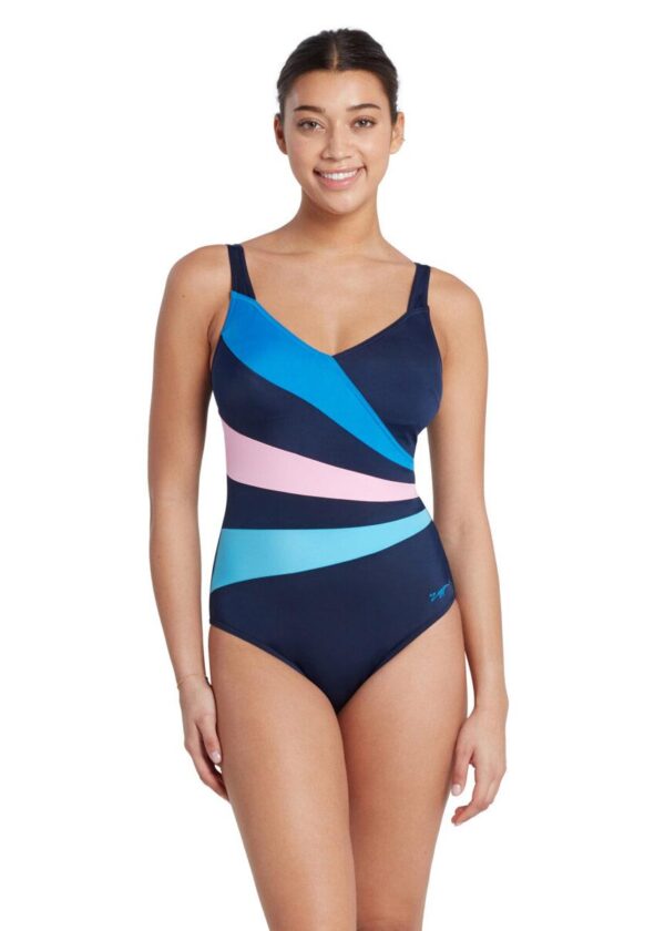 Zoggs Wrap Panel Classicback Swimsuit - Navy / Blue / Pink - Front view
