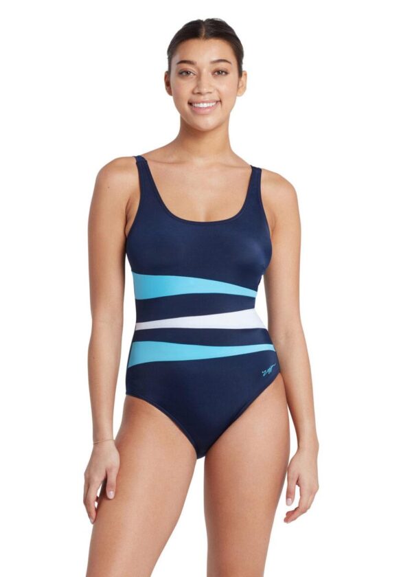 Zoggs Sumatra Adjustable Scoopback Swimsuit - Navy / Light Blue / White - Front view