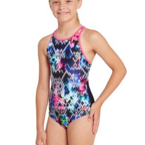 Girl wearing Zoggs Girls Nairobi Hi Front Crossback Swimsuit - Front view