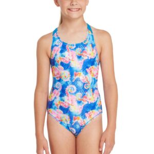 Girl wearing Zoggs Girls Aqua Pony Flyback Swimsuit - Front view
