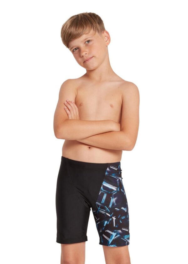 Boy wearing Zoggs Boys Alloy Volt Mid Jammer - Front view