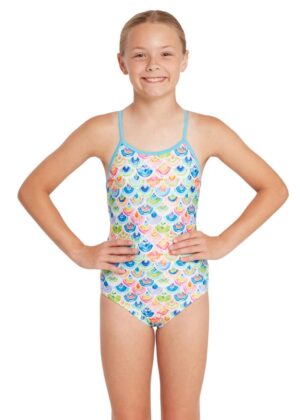 Girl wearing Zoggs Girls Yaroomba Sea Scale Floral Swimsuit - Front view