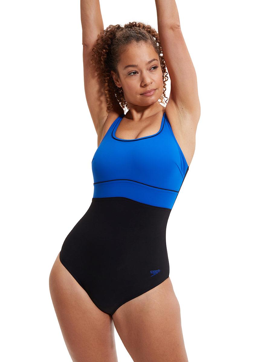 Front view of woman wearing Speedo Shaping Contour Eclipse Swimsuit - Black / Blue