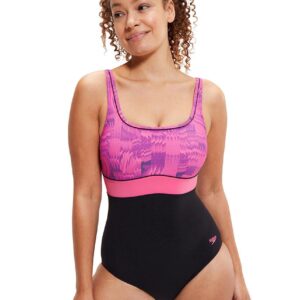 Front view of lady wearing Speedo Shaping Contour Eclipse Swimsuit - Black / Pink
