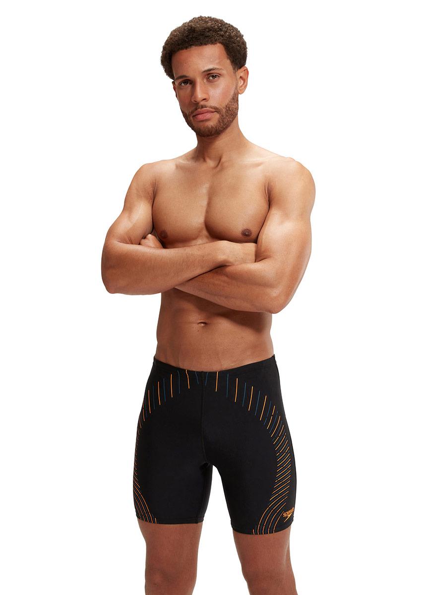 Speedo Mens Duo Logo Print Mid Jammer - Black / Orange-601448