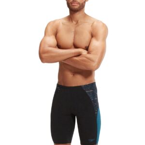 Front view of man wearing Speedo END+ MAX Splice Jammer - Black / Blue