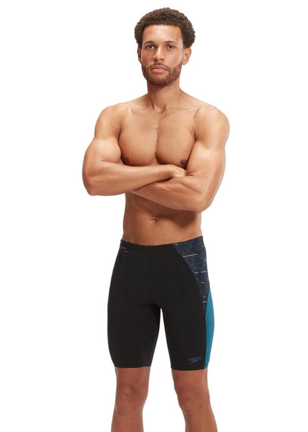 Front view of man wearing Speedo END+ MAX Splice Jammer - Black / Blue
