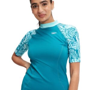 Woman wearing Speedo Womens Printed Short Sleeve Rash Top - Blue - Front view