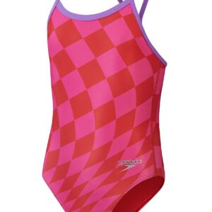 Speedo Girls Allover Digital Vback Chequered Flag Swimsuit - Red / Pink - Front view