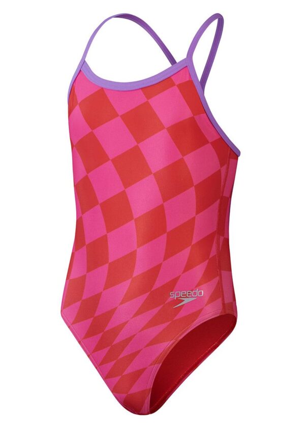 Speedo Girls Allover Digital Vback Chequered Flag Swimsuit - Red / Pink - Front view