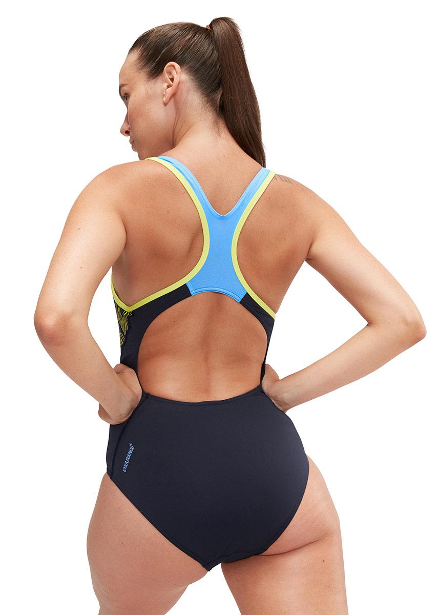 Speedo Placement Laneback Swimsuit - Navy Blue / Lemon-brand