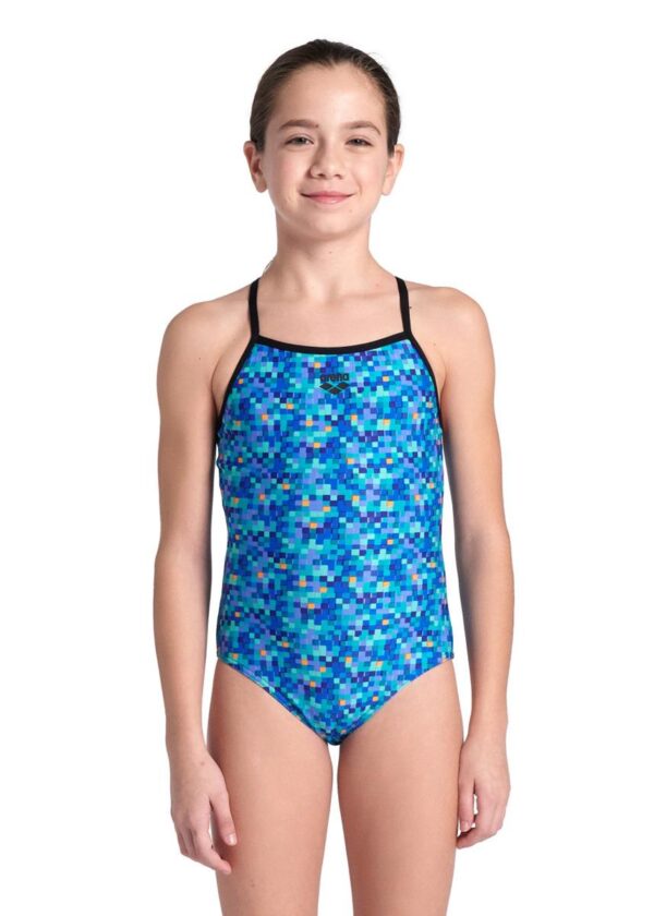 Girl wearing Arena Girls Pool Tiles Light Drop Back - Black / Blue Multi - Front view