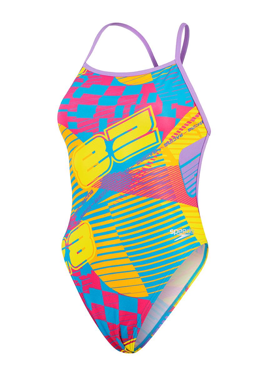 Speedo Womens Allover Digital Vback Rally Car Rumble Swimsuit - Pink / Yellow-601631