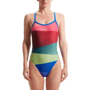 Front view of woman wearing Speedo Placement Digital Turnback Swimsuit - Red / Green