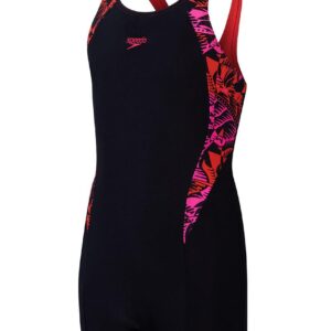 Speedo Girls Printed Panel Legsuit - Black / Pin - Front view