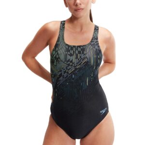 Front view of woman wearing Speedo Digital Printed Medalist Swimsuit - Black