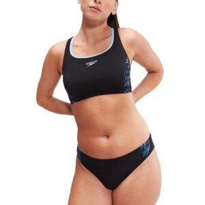 Lady wearing Speedo Placement 2 Piece Swim Bikini with hands tied back - Black / Blue - Front view