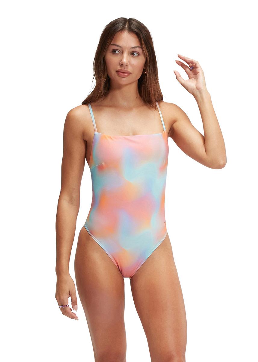 Front view of woman wearing Speedo Printed Adjustable Thinstrap Swimsuit - Blue / Orange