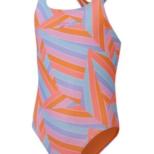 Speedo Girls Printed Medalist Swimsuit - Orange / Blue - Front view