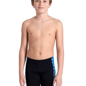 Boy wearing Arena Boys Pool Tiles Jammer - Black / Blue Multi - Front view